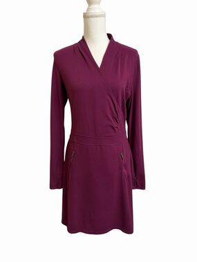 Athleta Suedy Lady Womens M Long Sleeve Faux Wrap Dress Berry Jersey Knit Tencel